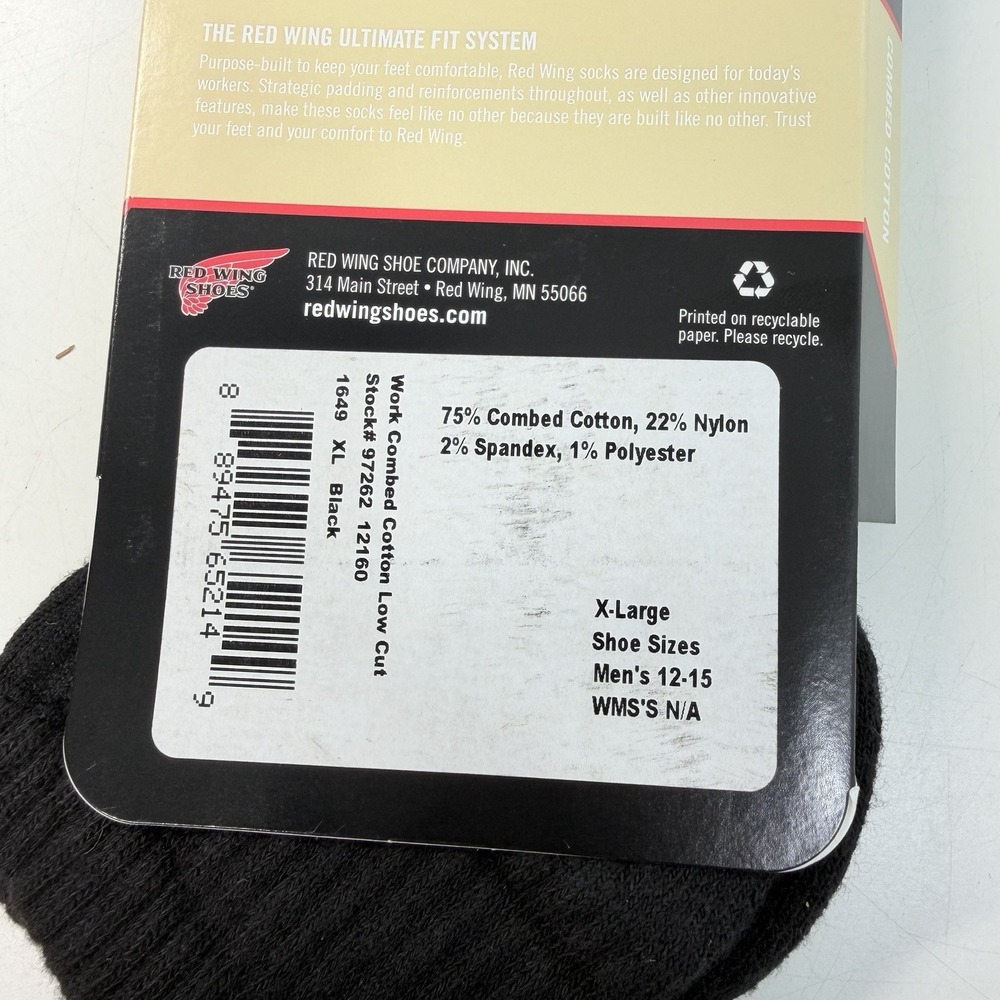 Red Wing Low Cut Work Socks. 6 Pair Of Black. X-Large Mens 12-15 - Picture 6 of 6